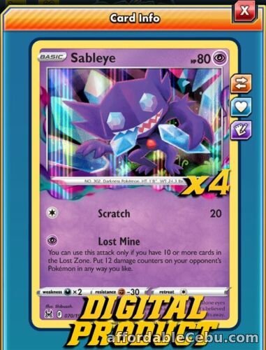 1st picture of x4 Sableye 070/196 Holo - LOR Pokemon TCG Online PTCGO DIGITAL For Sale in Cebu, Philippines