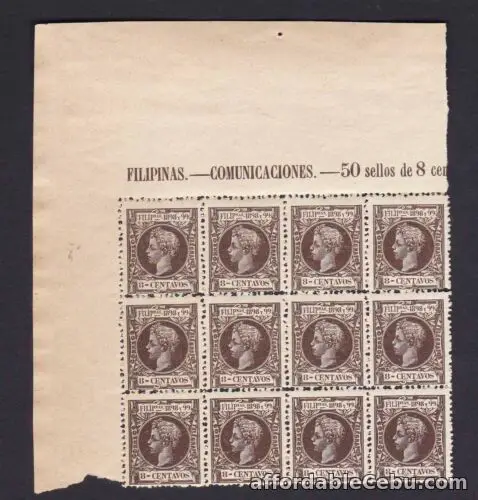1st picture of Philippine Spain 1898 Alfonso XIII 8 cent TOP Left Corner B/12 w/inscription NH For Sale in Cebu, Philippines