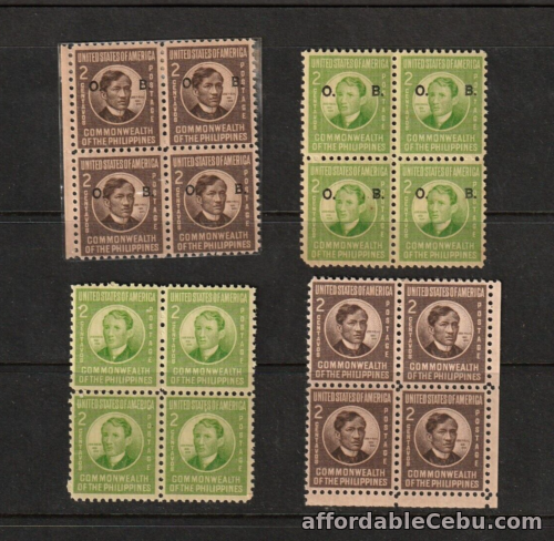 1st picture of 1941 Philippines Jose Rizal Issue 2 cent 2 diff + O. B. all in Block/4 mint NH For Sale in Cebu, Philippines