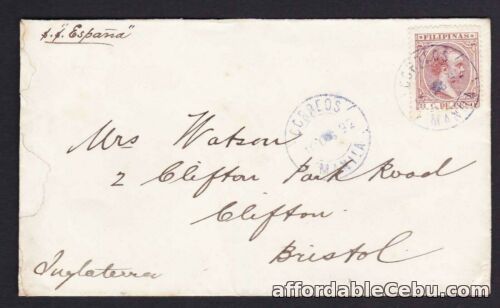 1st picture of Philippines 1892 Manila - England Via "SS Espana" Blue Correo cancel, Backstamp For Sale in Cebu, Philippines