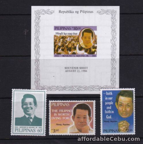 1st picture of Philippines 1986 Benigno  Aquino, 3 values + S/S complete set Mint NH For Sale in Cebu, Philippines