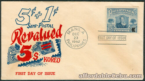 1st picture of 1962 Philippines 5¢ + 1¢ SEMI-POSTAL REVALUED ON = 5s KOREO First Day Cover For Sale in Cebu, Philippines