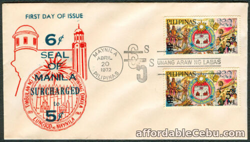 1st picture of 1972 Philippines 6¢ SEAL OF MANILA SURCHARGED TO 5¢ First Day Cover For Sale in Cebu, Philippines