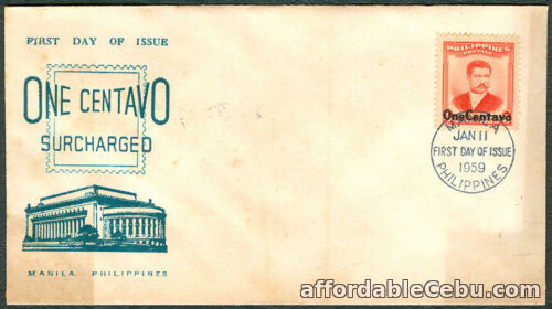 1st picture of 1959 Philippines ONE CENTAVO SURCHARGED First Day Cover For Sale in Cebu, Philippines