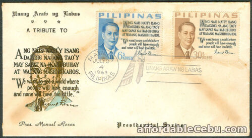 1st picture of 1963 Philippines A TRIBUTE TO PRESIDENT MANUEL ROXAS First Day Cover For Sale in Cebu, Philippines