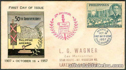 1st picture of 1957 50TH ANNIVERSARY OF PHILIPPINE ASSEMBLY First Day Cover – B For Sale in Cebu, Philippines