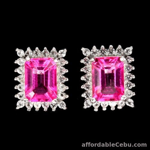 1st picture of NATURAL Pink TOPAZ & White CZ Octagon 925 Sterling Silver Earrings 7.0x5.0mm For Sale in Cebu, Philippines