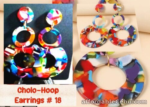 1st picture of Imported “CHOLO-HOOP=COLOR BLOCK ROUND DANGLE-DROP EARRINGS WITH POUCH Free Ship For Sale in Cebu, Philippines