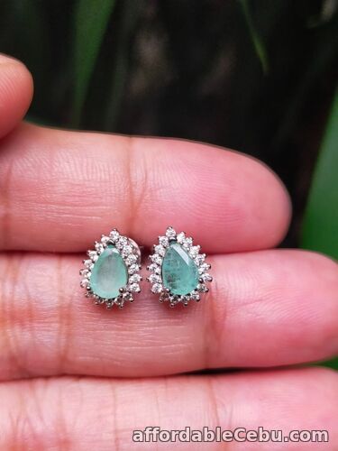 1st picture of Natural Light Green EMERALD Pear Shape & White CZ 925 Silver EARRINGS 4.0x6.0mm For Sale in Cebu, Philippines