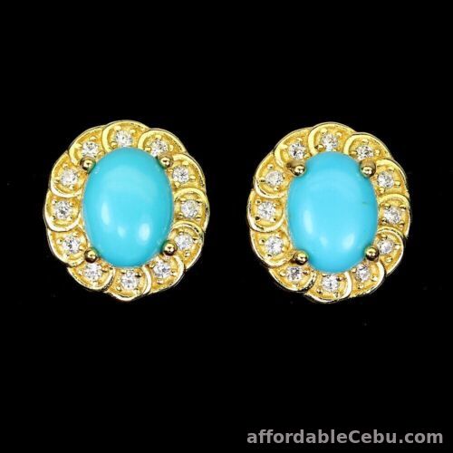 1st picture of Natural Blue TURQUOISE 8x6mm & CZ 925 Sterling Silver EARRINGS Goldtone For Sale in Cebu, Philippines