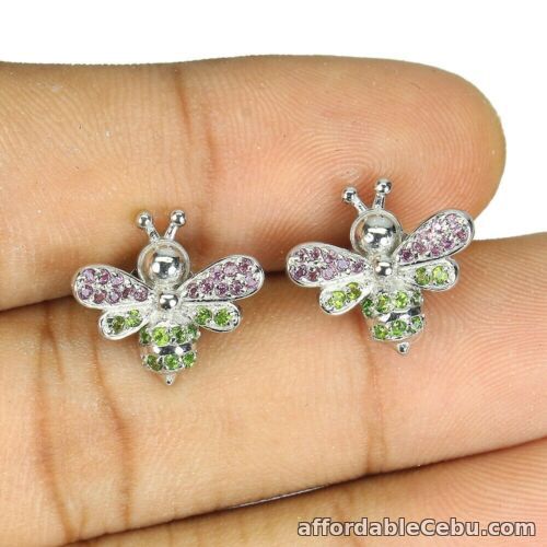 1st picture of Natural Chrome Diopside & Rhodolite Garnet 925 Sterling Silver BEE EARRINGS Cute For Sale in Cebu, Philippines