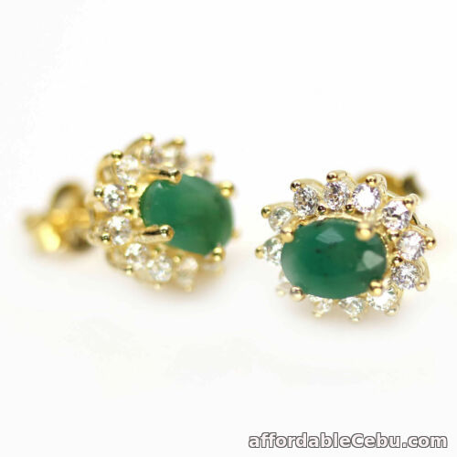 1st picture of NATURAL 5.0x7.0mm Green EMERALD Oval & White CZ 925 Silver EARRINGS Goldtone For Sale in Cebu, Philippines