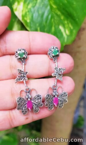 1st picture of Natural Emerald & Ruby Marcasite 925 Silver Stud Dangling Butterfly EARRINGS For Sale in Cebu, Philippines