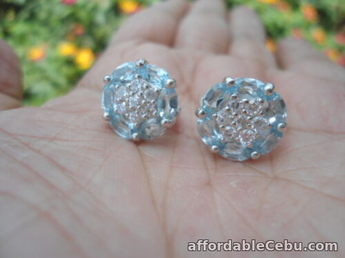 1st picture of Natural Sky Blue TOPAZ & white CZ Stones Sterling 925 Silver EARRINGS For Sale in Cebu, Philippines