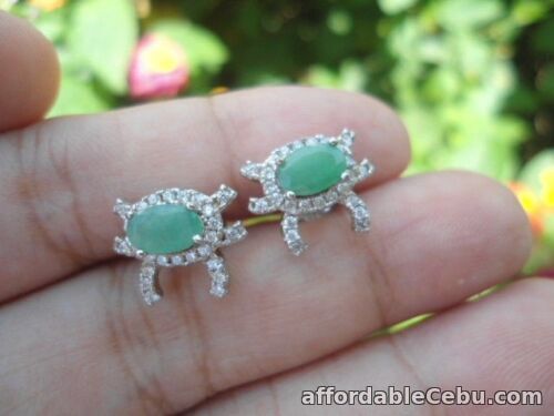 1st picture of NATURAL EMERALD & White CZ STERLING 925 SILVER EARRINGS Ribbon Design For Sale in Cebu, Philippines