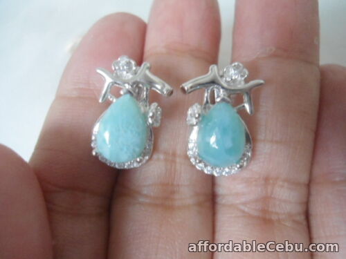 1st picture of Natural 7.0X9.0 Blue LARIMAR & White CZ 925 Sterling Silver flower EARRINGS For Sale in Cebu, Philippines
