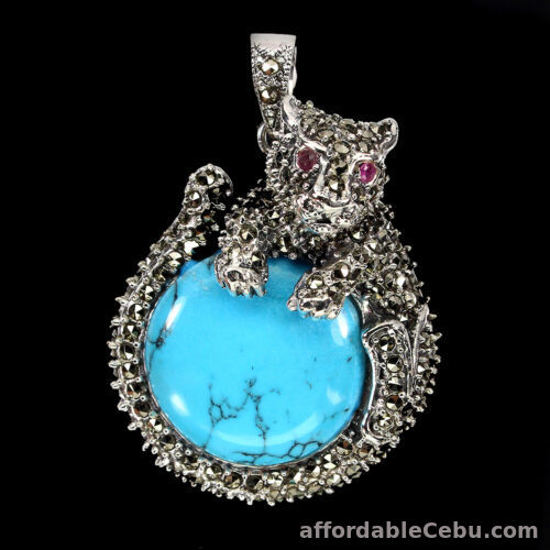 1st picture of NATURAL TURQUOISE Ruby Eyes & MARCASITE 925 STERLING SILVER Tiger PENDANT Big A For Sale in Cebu, Philippines