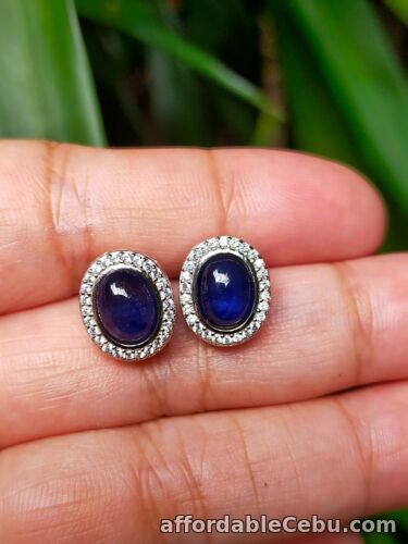 1st picture of Natural 6.0x8.0mm Blue SAPPHIRE Oval & White CZ 925 Silver EARRINGS For Sale in Cebu, Philippines