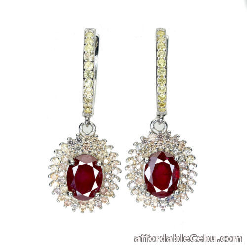 1st picture of NATURAL Red RUBY & SAPPHIRE 925 Sterling Silver Dangling Earrings 8x6mm For Sale in Cebu, Philippines