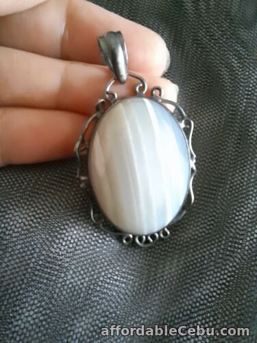 1st picture of 925 Silver Banded White Agate Oval Cabochon Pendant For Sale in Cebu, Philippines