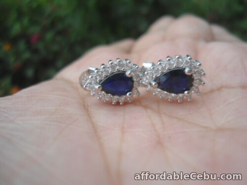 1st picture of Natural Blue SAPPHIRE Pear & White CZ Stones  Sterling 925 Silver EARRINGS For Sale in Cebu, Philippines