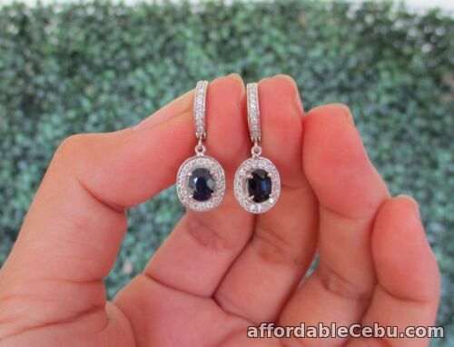 1st picture of .82 Carat Blue Sapphire w/ .50 CTW Diamond Dangling Earrings 14k White Gold E506 For Sale in Cebu, Philippines