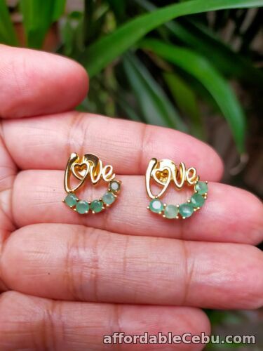 1st picture of Natural 2.5mm Green EMERALD Stones 925 Silver LOVE EARRINGS Goldtone For Sale in Cebu, Philippines
