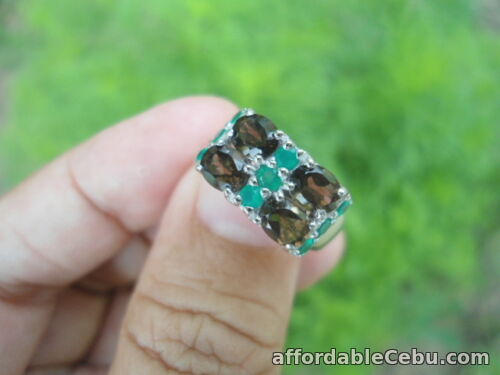 1st picture of Natural SMOKY QUARTZ & Green AVENTURINE 925 STERLING SILVER RING S6.0 For Sale in Cebu, Philippines