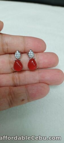 1st picture of Natural 8X10mm RED AGATE & WHITE CZ Sterling 925 Silver EARRINGS For Sale in Cebu, Philippines