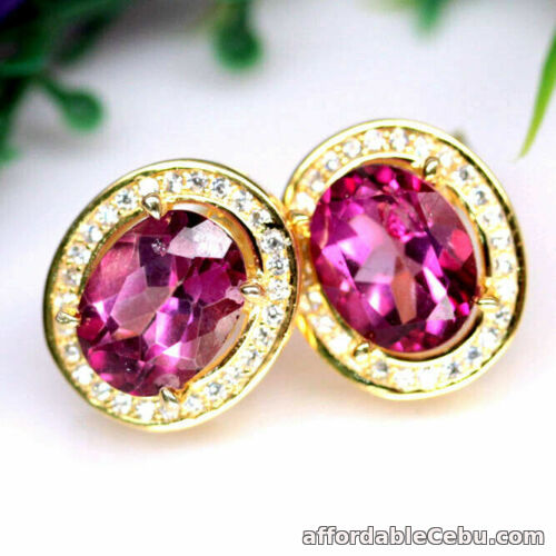 1st picture of Natural Pink Mystic TOPAZ 7.0x9.0mm & CZ Stone Sterling 925 Silver EARRINGS Oval For Sale in Cebu, Philippines