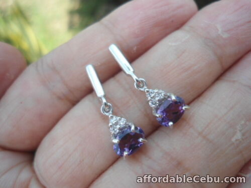 1st picture of Natural Purple AMETHYST & White CZ Sterling 925 Silver Dangling EARRINGS For Sale in Cebu, Philippines