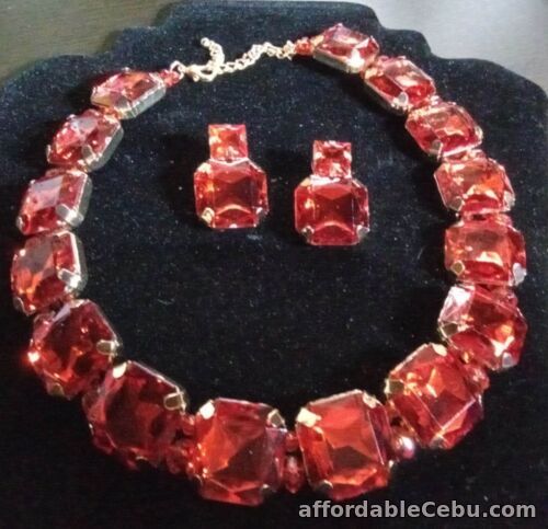 1st picture of RED COLOUR RHINESTONE CRYSTAL EARRINGS & NECKLACE LADIES FASHION JEWELRY For Sale in Cebu, Philippines