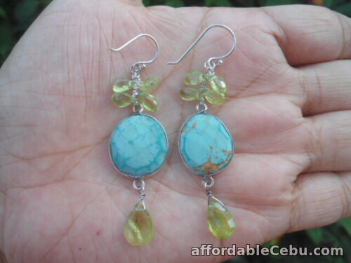 1st picture of Natural Blue TURQUOISE & PERIDOT 925 STERLING SILVER Dangling EARRINGS For Sale in Cebu, Philippines