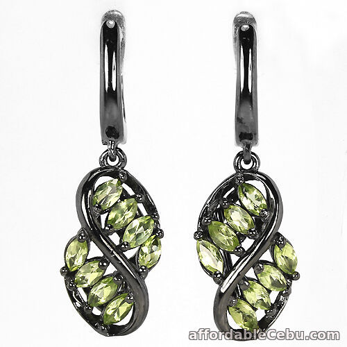 1st picture of EXCELLENT! GREEN PERIDOT MARQUISE FACET STERLING 925 SILVER BLACK EARRINGS For Sale in Cebu, Philippines
