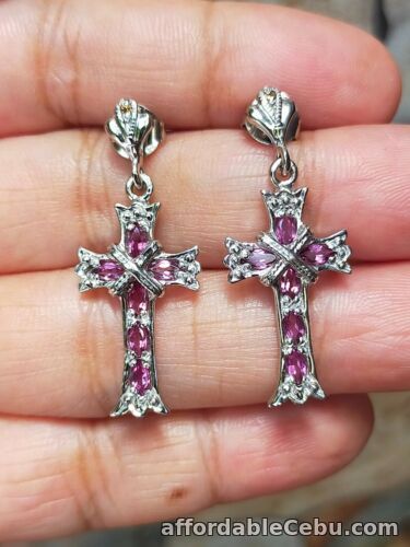 1st picture of NATURAL Rhodolite GARNET & SAPPHIRE CROSS EARRINGS 925 STERLING SILVER For Sale in Cebu, Philippines