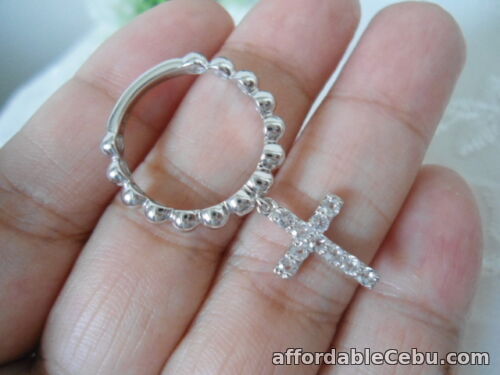 1st picture of Sterling Silver - DESIGNER Religious Pebbled Dangle Crystal Cross 3.0g Ring S6.0 For Sale in Cebu, Philippines