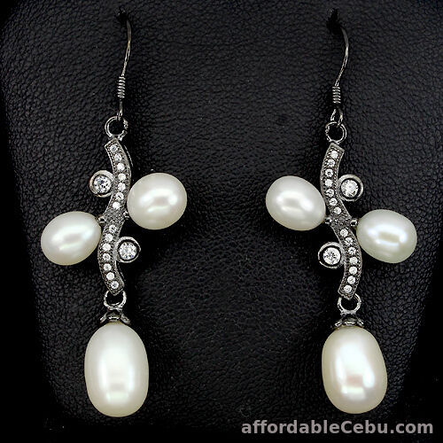 1st picture of Natural Creamy White PEARL & White Cubic Zirconia 925 STERLING SILVER EARRINGS For Sale in Cebu, Philippines