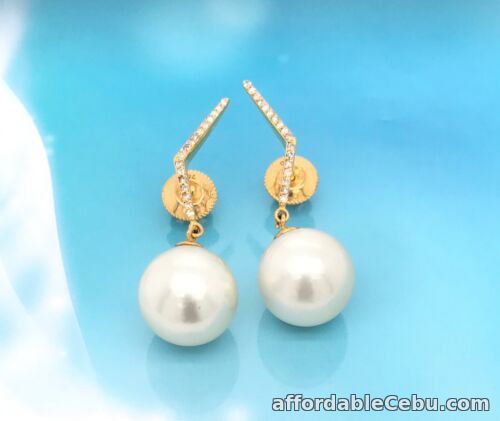 1st picture of 12mm South Sea Pearl w/ .17 CTW Diamond Dangling Earrings 18k Yellow Gold E513 For Sale in Cebu, Philippines