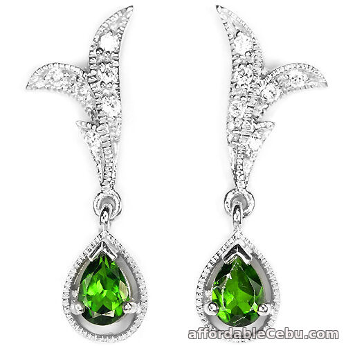 1st picture of Natural GREEN CHROME DIOPSIDE & WHITE CZ 925 STERLING SILVER EARRINGS For Sale in Cebu, Philippines