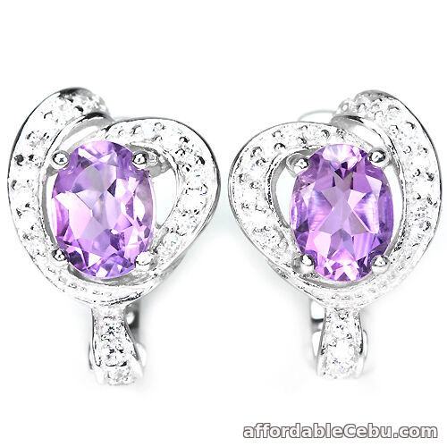 1st picture of Natural Purple AMETHYST & Cubic Zirconia Sterling 925 Silver Heart EARRINGS For Sale in Cebu, Philippines
