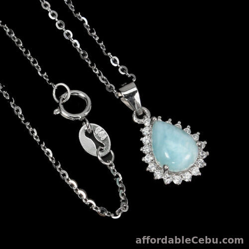 1st picture of Natural LARIMAR 8x6mm & White CZ STERLING SILVER Pendant Necklace 18" For Sale in Cebu, Philippines