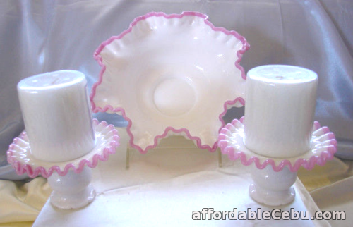 1st picture of FENTON GLASS~MINT~VINTAGE~1960s"SRC"APPLE BLOSSOM OPALINE"CONSOLE SET For Sale in Cebu, Philippines