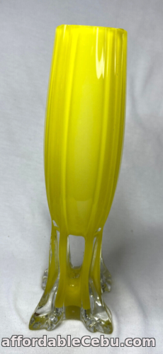 1st picture of Vintage Mid Century Art Glass Vase Yellow with Clear Cased Glass Hand Blown For Sale in Cebu, Philippines