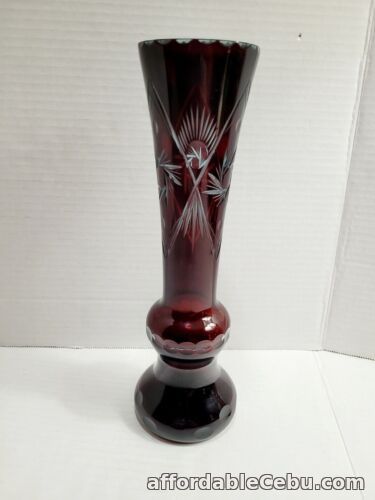 1st picture of Vintage Dark Ruby Red Crystal Cut to Clear Bohemian Czech Glass Vase For Sale in Cebu, Philippines