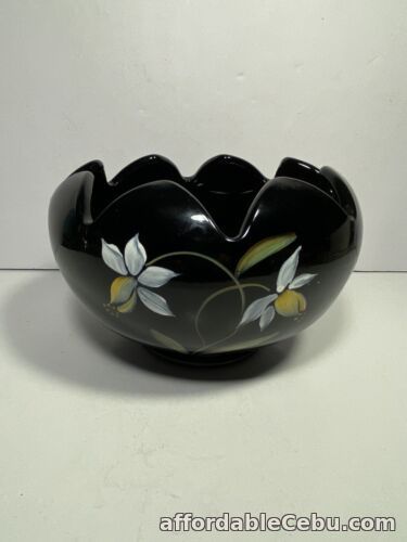 1st picture of Fenton Hand Painted Signed “Midnight Garden" Black Glass Rose Bowl Retired 2005 For Sale in Cebu, Philippines