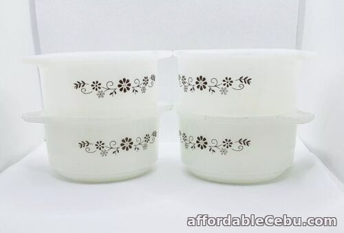 1st picture of Pyr-O-Rey Dynaware 4 Set Small Milk Glass Brown Daisy Round Casserole Ovenware For Sale in Cebu, Philippines