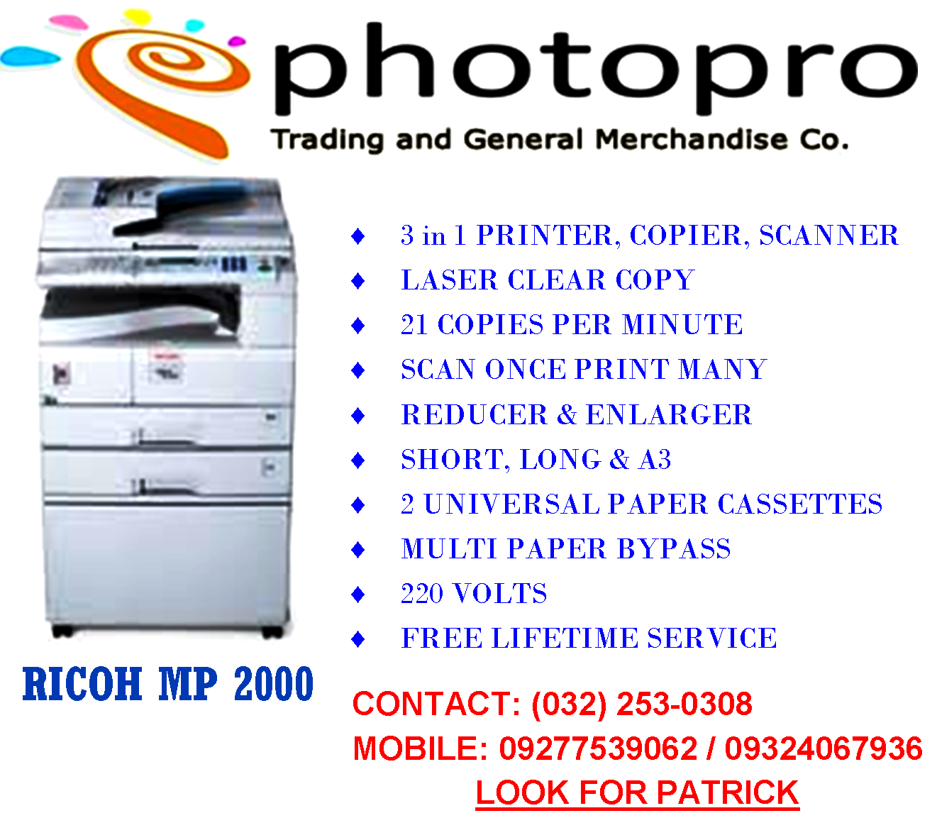 1st picture of Xerox Machine Ricoh MP-2000 with Free Lifetime Service For Sale in Cebu, Philippines