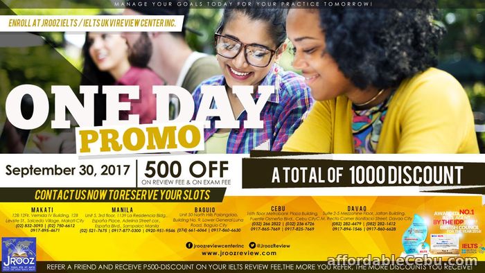 1st picture of JROOZ IELTS One Day Promo – September 30, 2017 For Sale in Cebu, Philippines