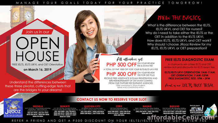 1st picture of JROOZ IELTS, IELTS UKVI and OET Open House – March 16, 2019 Offer in Cebu, Philippines