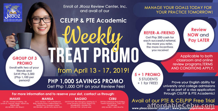 1st picture of JROOZ PTE AND CELPIP ACADEMIC WEEKLY TREAT PROMO – April 13 to 17, 2019 Offer in Cebu, Philippines